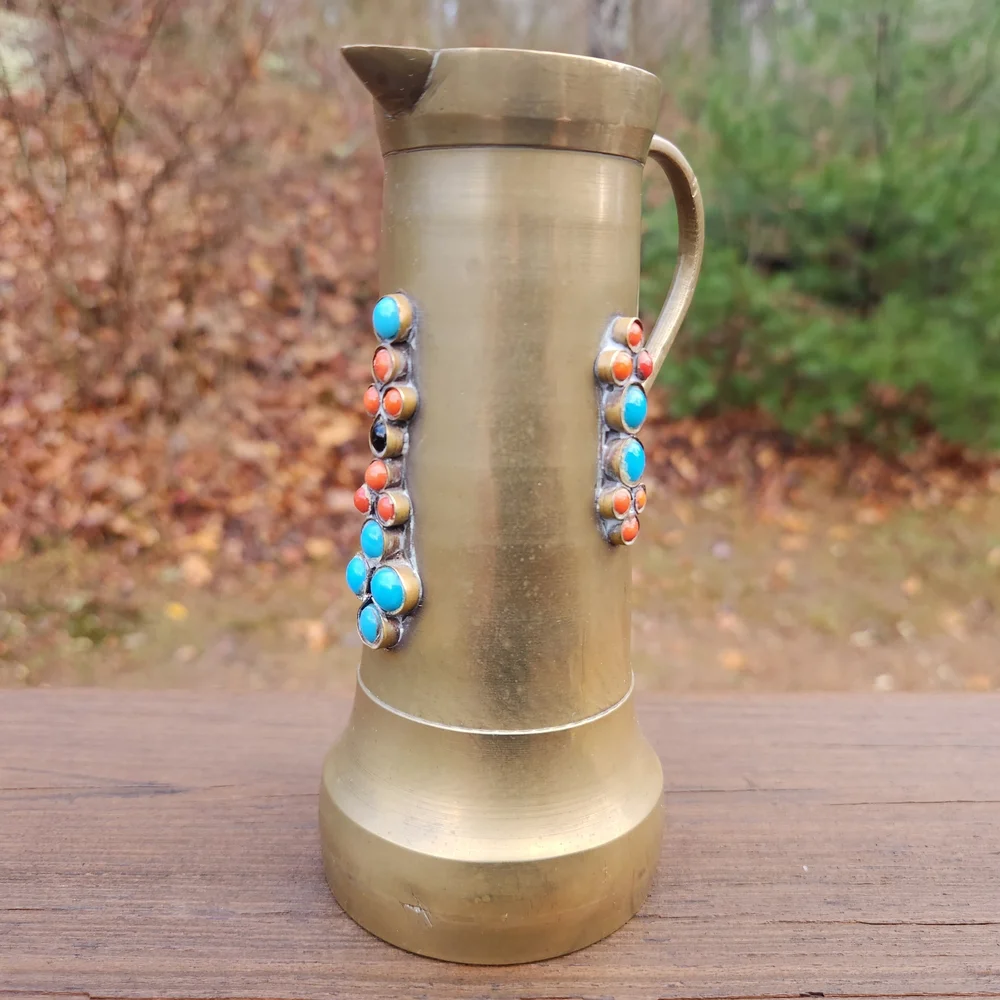 Vintage Brass Pitcher with Turquoise, Red And Black Stones